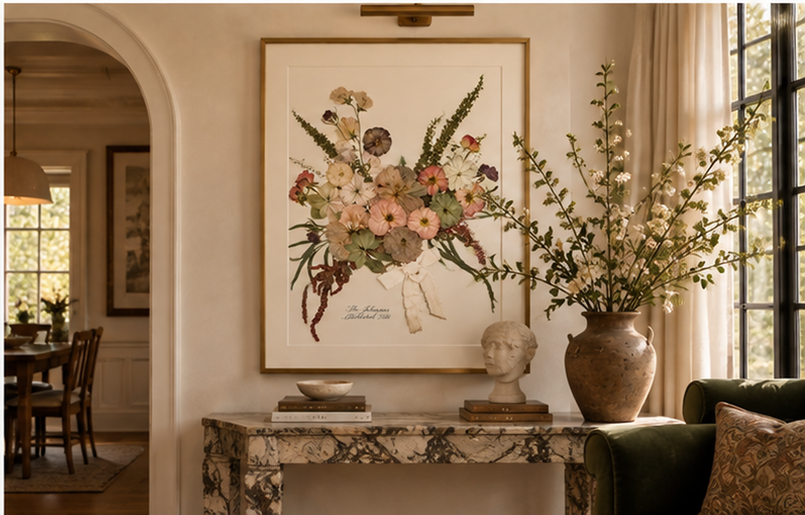Pressed wedding bouquet artwork in a gold frame above a marble console in a sunlit cream room
