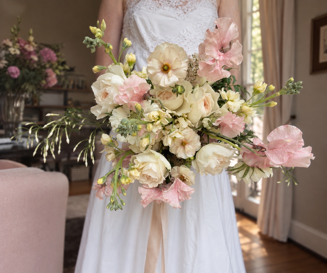 Bride holding her original cream and pink wedding bouquet