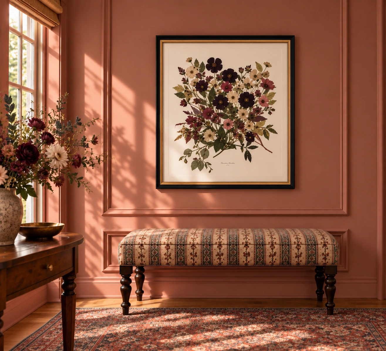 Heirloom pressed wedding bouquet artwork on a terracotta-pink wall above an upholstered bench
